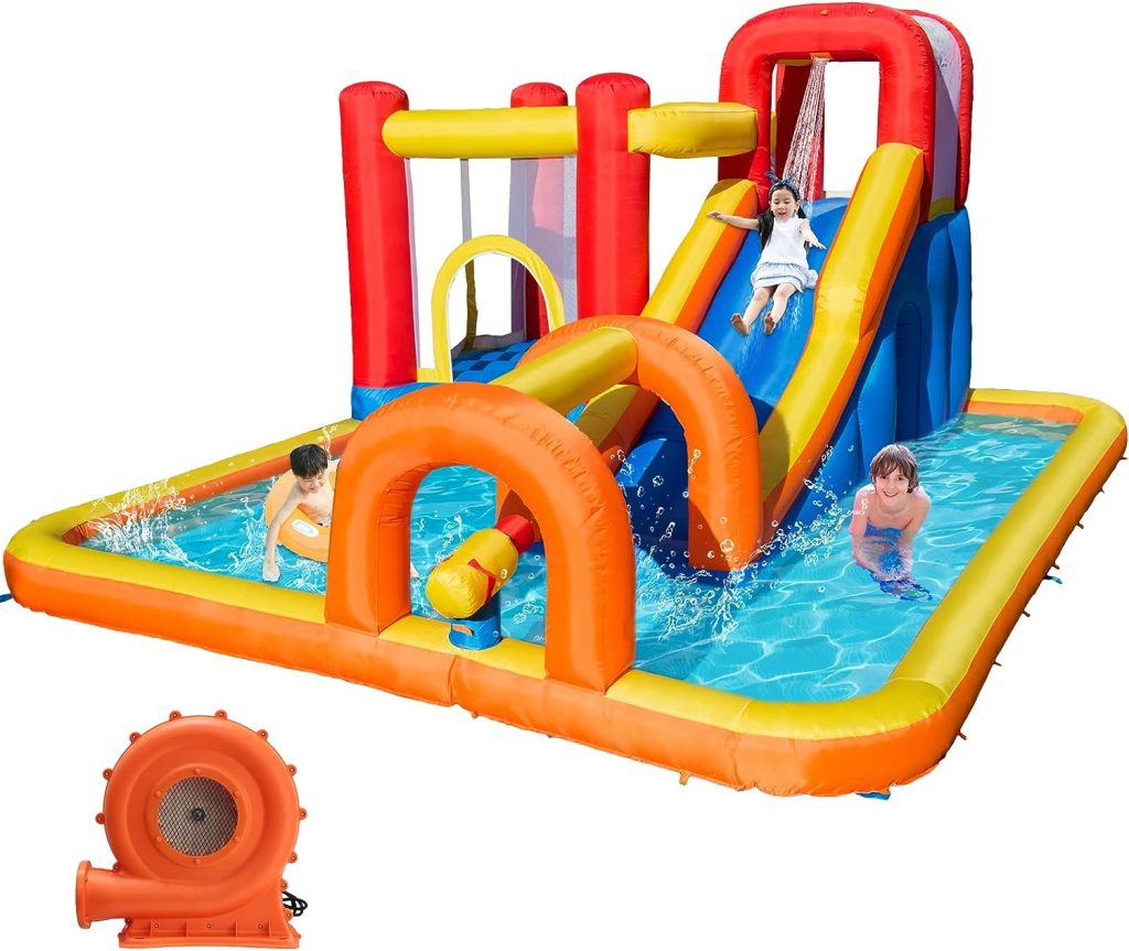 Baralir Inflatable Bounce House Water Park with Long Water Slide Large Splash Pool Fits 5 Kids, Endless Fun of Jumping, Sliding, Climbing - Extra Cave and Tunnel Adventure and Water Cannon