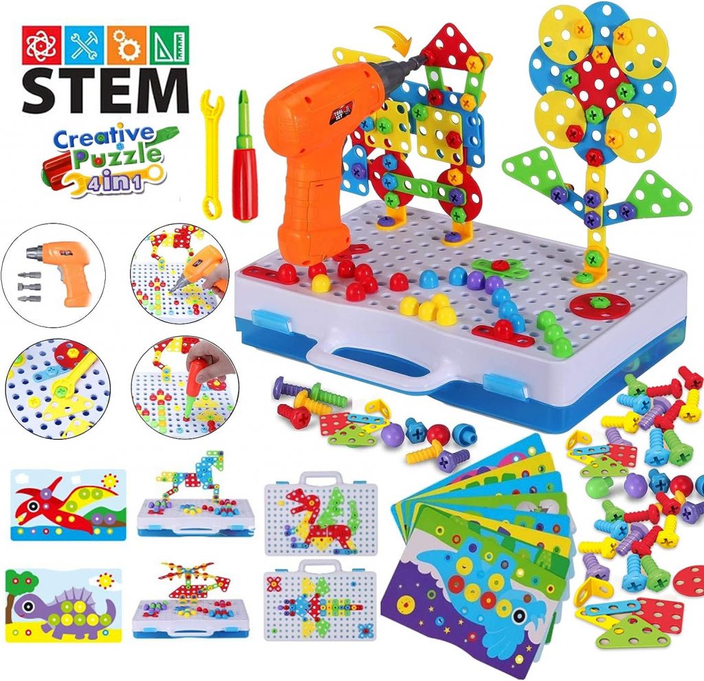 JACKEYLOVE STEM Educational Toys for Kids, Electric Drill Puzzle Toy Set and Button Art Kit, 3D Construction Engineering Building Blocks for Boys Girls Ages 3 4 5 6 7 8 Year Old