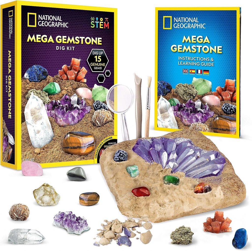 NATIONAL GEOGRAPHIC Mega Gemstone Dig Kit – Dig Up 15 Real Gems, STEM Science  Educational Toys make Great Kids Activities