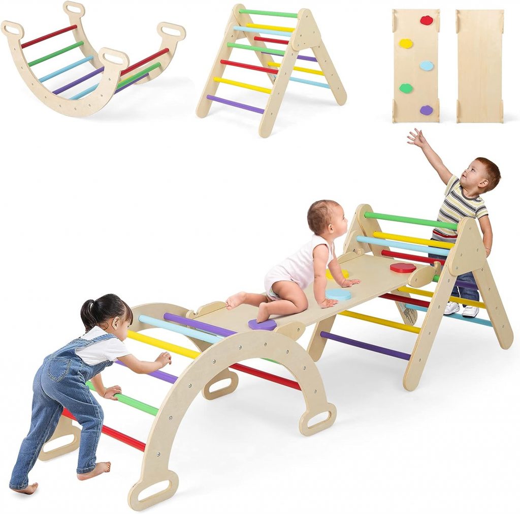 OLAKIDS Climbing Triangle Set, 5 in 1 Kids Wooden Montessori Climber Toy with Ramp Ladder Arch Slide for Gym Playground, Indoor Outdoor Climb Activity Jungle Play Structure for Toddlers Boys Girls
