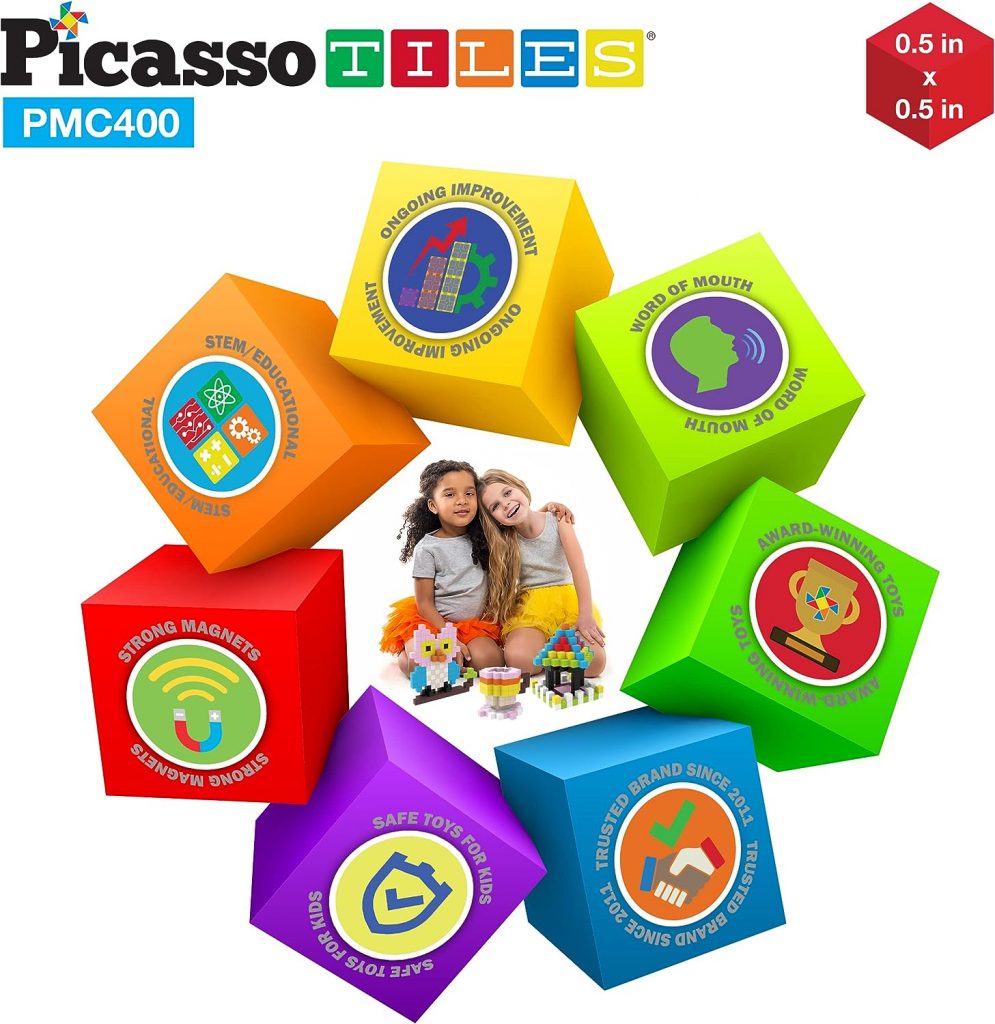 PicassoTiles 0.5” Pixel Magnetic Puzzle Cube 400 Piece Mix  Match Cubes Sensory Toys STEAM Education Learning Building Block Magnets Children Construction Toy Set Stacking Magnet Creative Kit PMC400