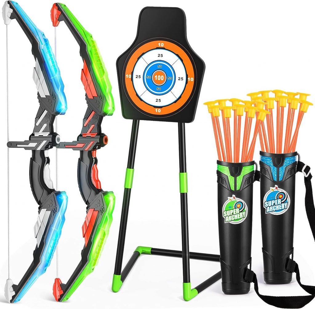 TEMI 2 Pack Bow and Arrow for Kids -Light Up Archery Toy Set -Includes 2 Bows, 20 Suction Cup Arrows  2 Quivers  Standing Target, Outdoor Toys for Kids Boys Girls