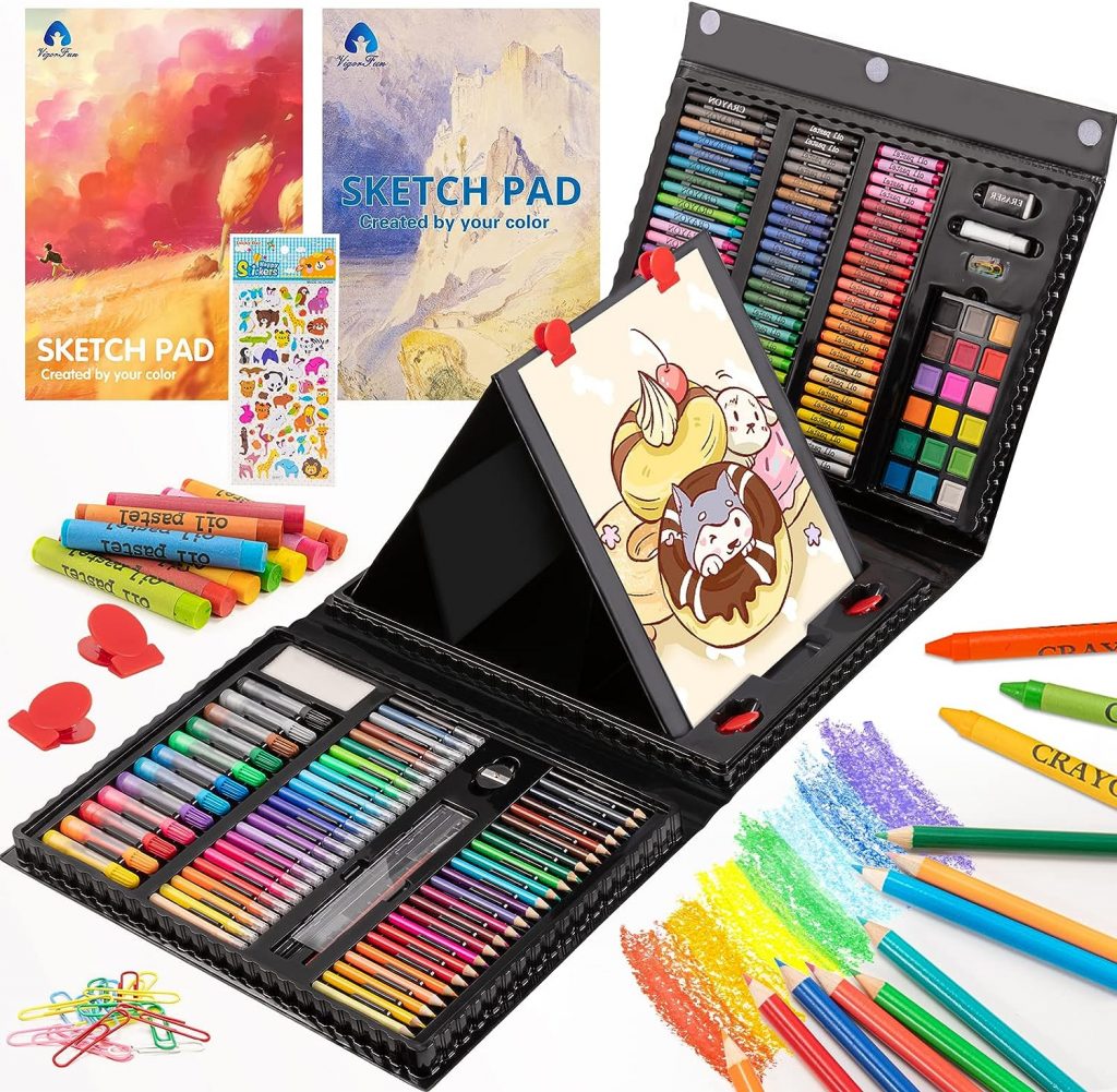Art Kit, 240 Piece Drawing Art Supplies, Gifts Art Set Case with Double Sided Trifold Easel, Includes Oil Pastels, Crayons, Colored Pencils, Watercolor Cakes, Sketch Pad (Black)