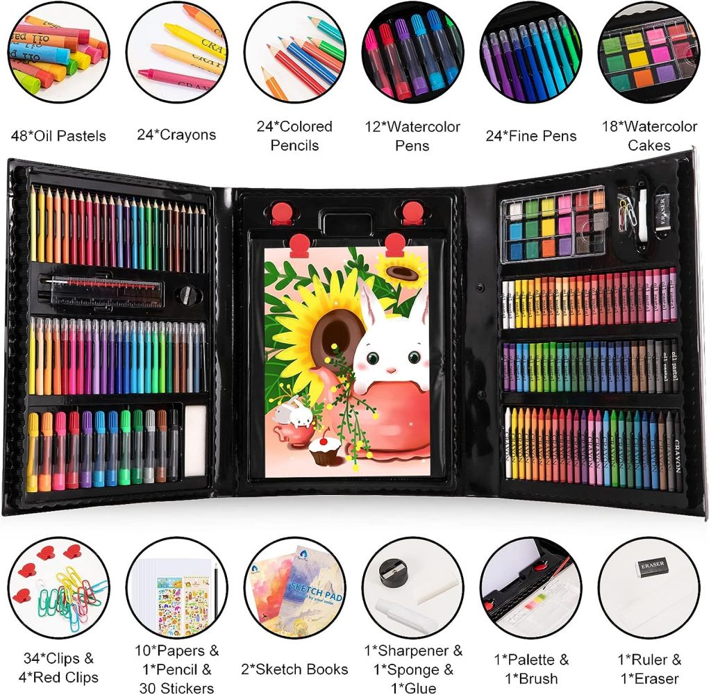 Art Kit, 240 Piece Drawing Art Supplies, Gifts Art Set Case with Double Sided Trifold Easel, Includes Oil Pastels, Crayons, Colored Pencils, Watercolor Cakes, Sketch Pad (Black)