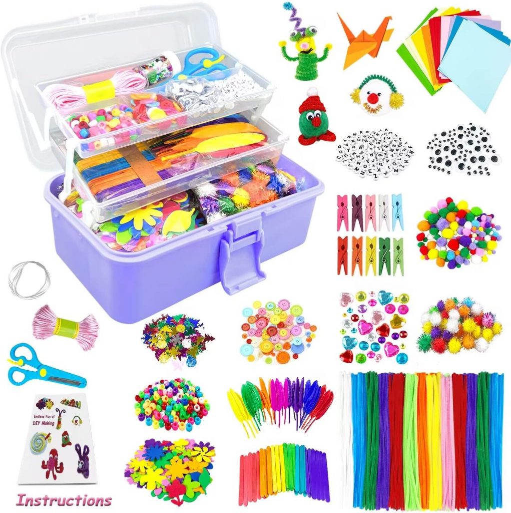 Arts and Crafts Supplies for Kids 1600Pcs DIY Craft Kits Art Supplies Kids Crafts with Pipe Cleaners Folding Storage Box Preschool Homeschool Craft Set Toys Gift for Kids Boys and Girls Age 4 5 6 7 8
