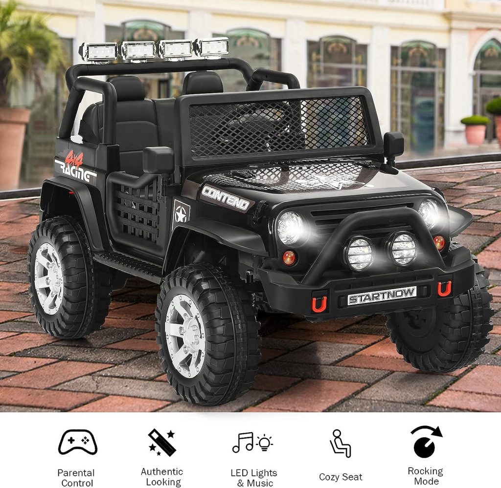 Costzon Kids Ride on Truck, 12V Battery Powered Electric Vehicle w/ 2.4G Remote Control, 2 Speeds, Spring Suspension, LED Light, Horn, Music/ MP3/ Radio, 2 Doors Open, Ride on Car for Kids (Black)