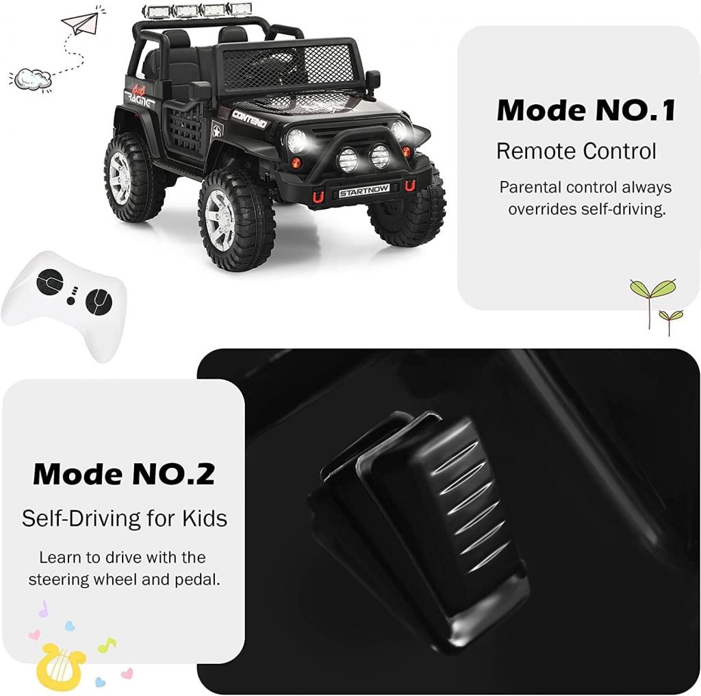 Costzon Kids Ride on Truck, 12V Battery Powered Electric Vehicle w/ 2.4G Remote Control, 2 Speeds, Spring Suspension, LED Light, Horn, Music/ MP3/ Radio, 2 Doors Open, Ride on Car for Kids (Black)