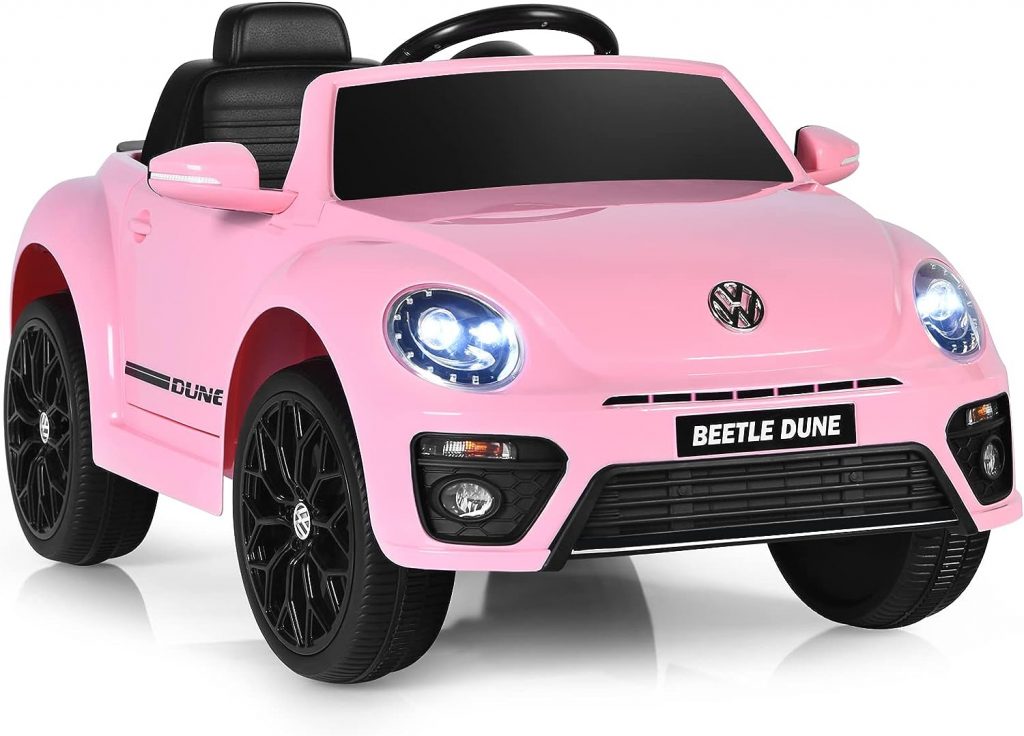 Costzon Ride on Car, 12V Licensed Volkswagen Beetle Battery Powered Vehicle w/Remote Control, Spring Suspension, Lights, USB, Horn, Music, 4 Wheeler for Boy Girl Gift, Electric Car for Kids, Pink