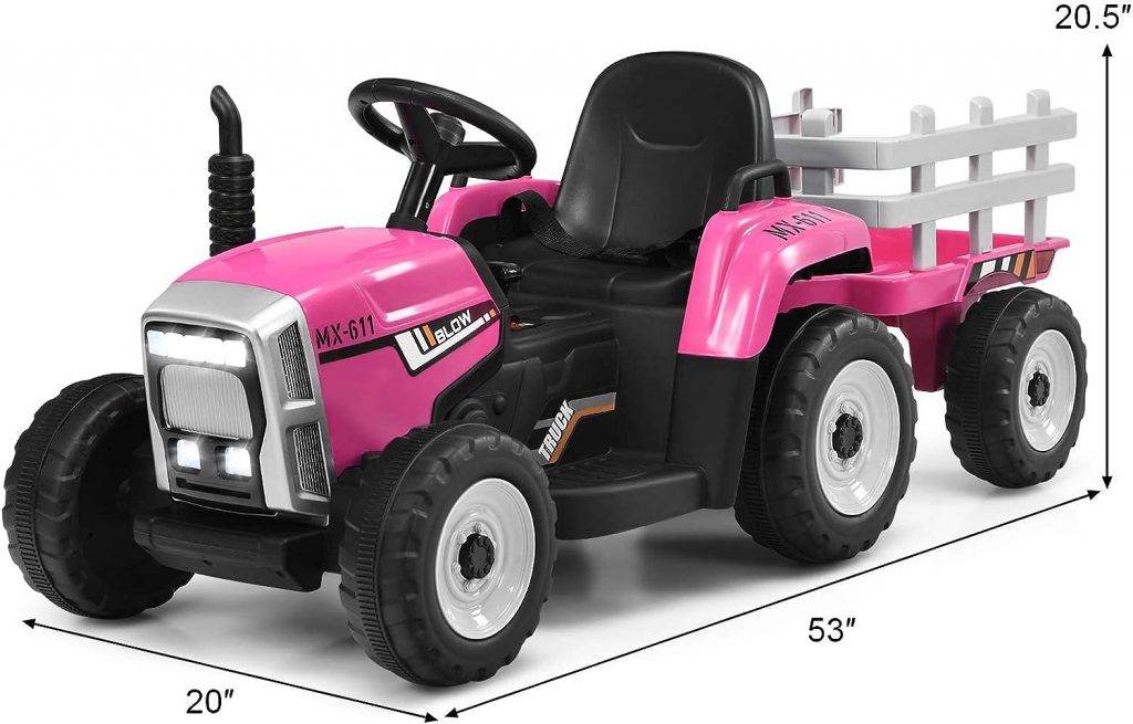 Costzon Ride on Tractor w/Trailer, 12V Battery Powered Electric Vehicle Toy w/Remote Control, 3-Gear-Shift Ground Loader, Treaded Tires, USB, LED Lights, Audio, Safety Belt, Kids Ride on Car (Pink)