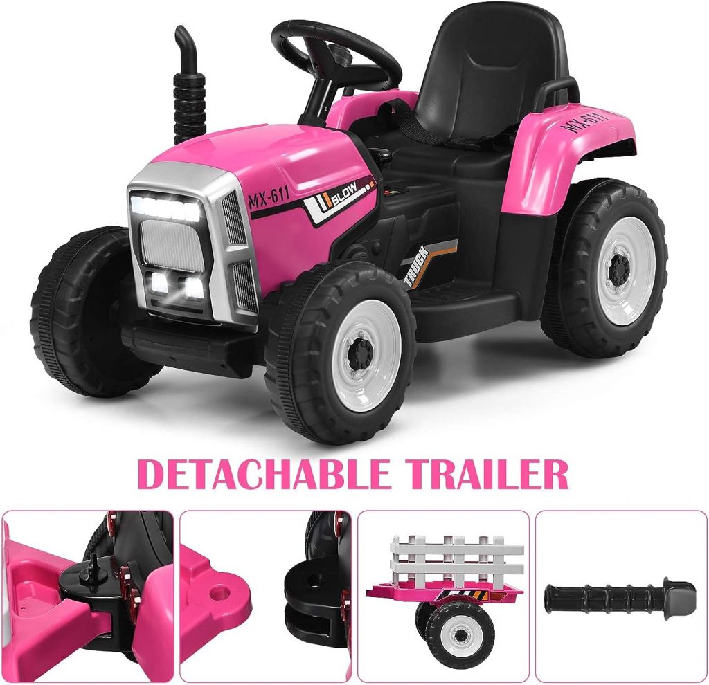 Costzon Ride on Tractor w/Trailer, 12V Battery Powered Electric Vehicle Toy w/Remote Control, 3-Gear-Shift Ground Loader, Treaded Tires, USB, LED Lights, Audio, Safety Belt, Kids Ride on Car (Pink)