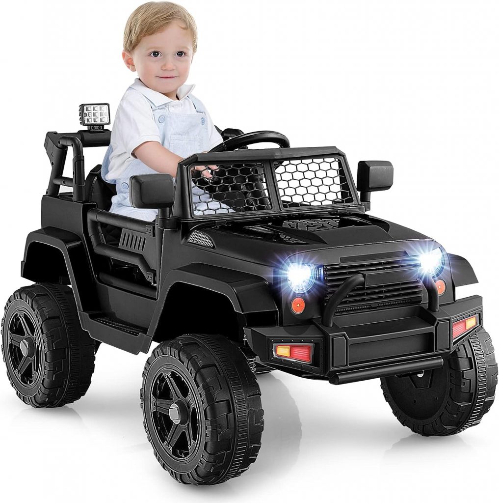 HONEY JOY Ride On Truck, 12V Battery Powered Vehicle Ride On Car with Remote Control, Spring Suspension, Headlights, Music, Mesh Windshield, Electric Cars for Kids, Gift for Boys Girls 3+ (Black)