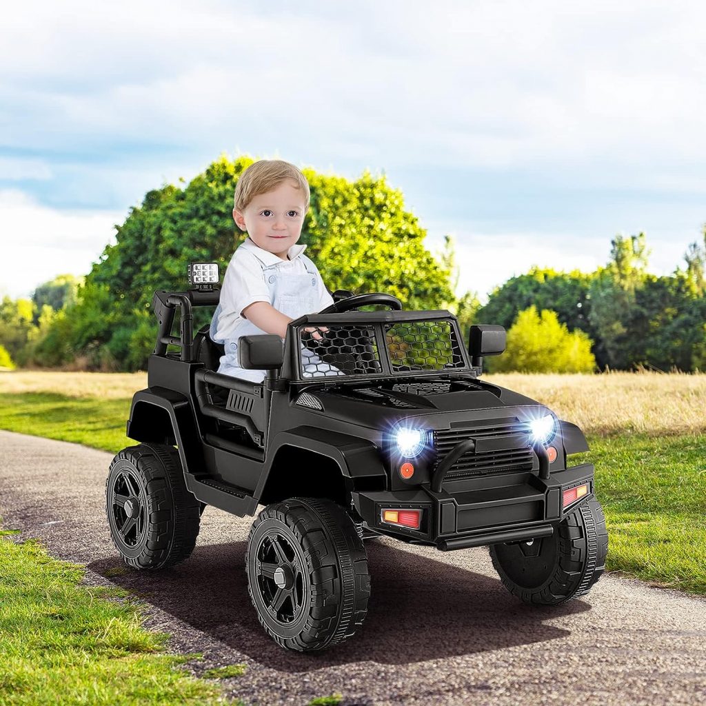 HONEY JOY Ride On Truck, 12V Battery Powered Vehicle Ride On Car with Remote Control, Spring Suspension, Headlights, Music, Mesh Windshield, Electric Cars for Kids, Gift for Boys Girls 3+ (Black)
