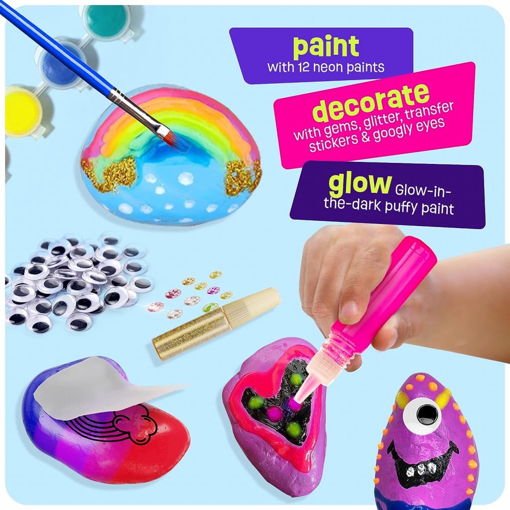 Kids Rock Painting Kit - Glow in The Dark - Arts  Crafts Gifts for Boys and Girls Ages 4-12 - Craft Activities Kits - Creative Art Toys for 4, 5, 6, 7, 8, 9, 10, 11  12 Year Old Kids