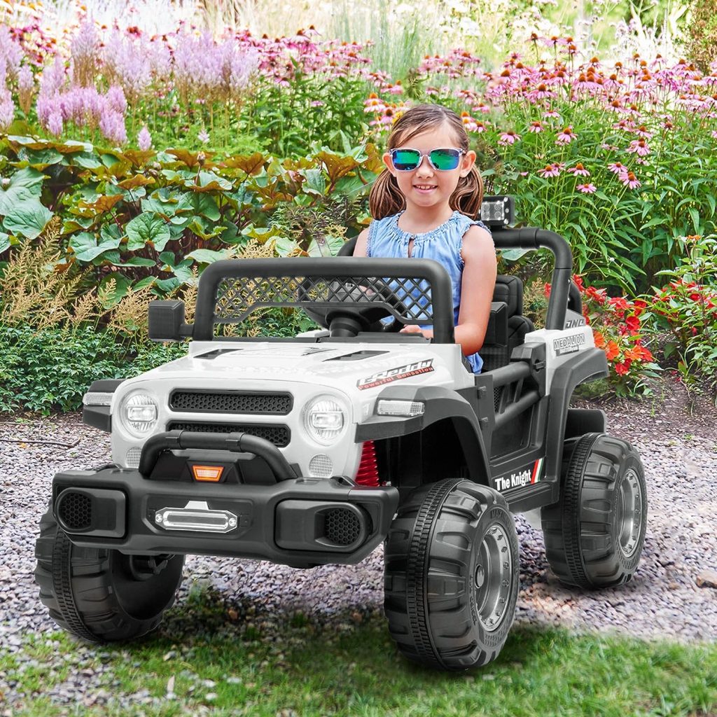 VOLTZ TOYS 12V Truck Ride-On Car Toy for Kids with 2 Open Doors, Realistic LED Lights, 2.4G Remote Control and MP3 Player with Music, Horn, Battery Powered Electric Vehicle Gift for Boys and Girls (White)